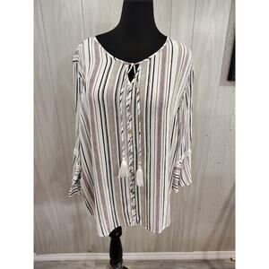 Women's Boho Striped Tassel Bell Sleeve Top Plus Size 2X Office Business Cottage